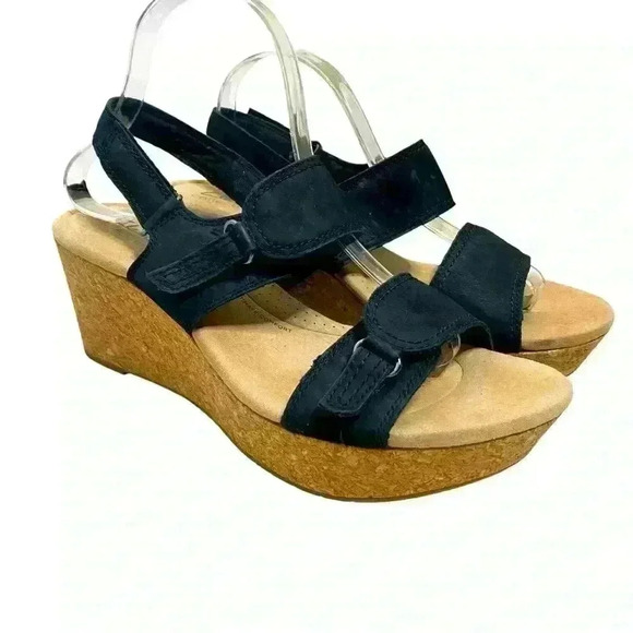 Clark’s black suede upper Comfort collection ortho light wedge sandals size 10 - Picture 1 of 8